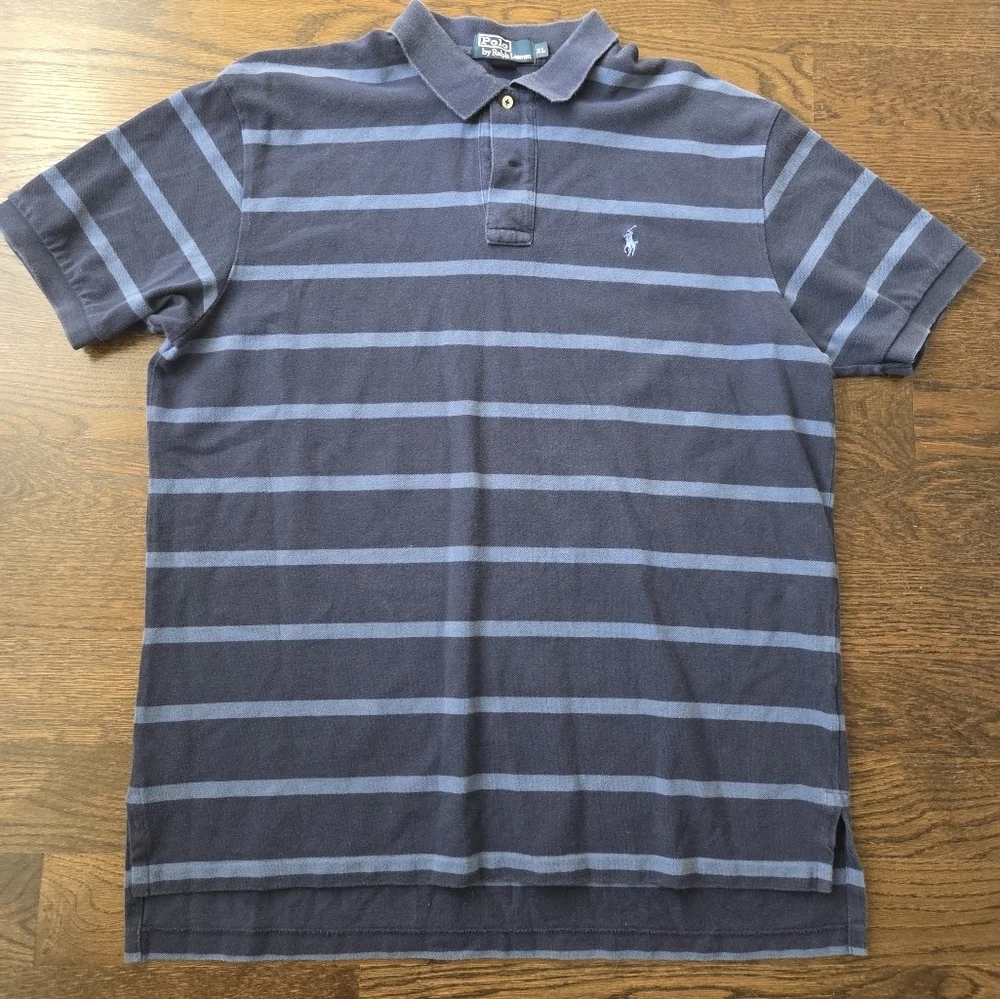 Ralph Lauren Men's Navy and Light Blue Striped Polo Shirt Sz.XL